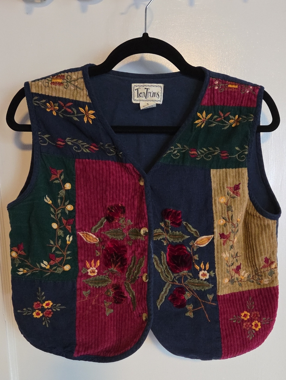 Tantrums Patchwork Velvet Embroidered Vest in Navy, Burgundy & Green